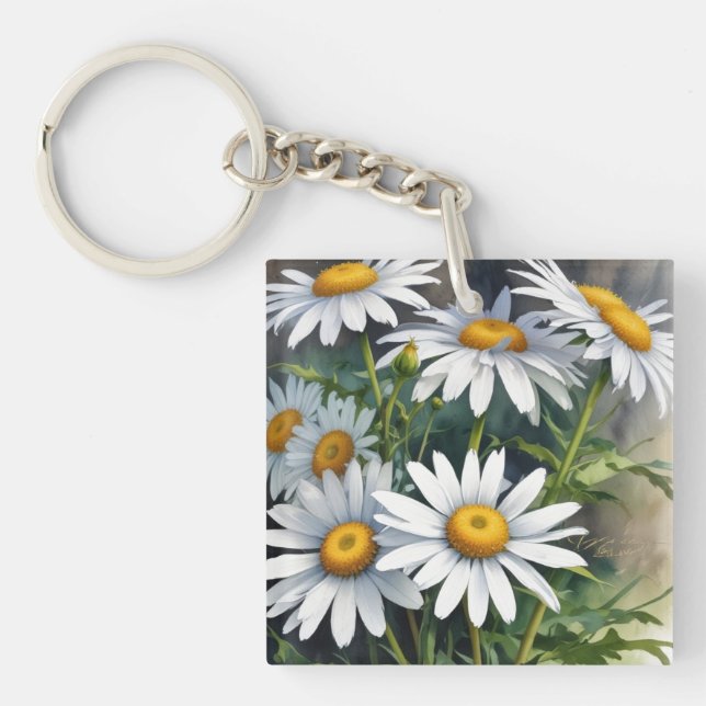 Daisies Bunch of Flowers Elegant Watercolor Key Ring (Front)