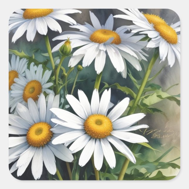 Daisies Bunch of Flowers Elegant Watercolor Square Sticker (Front)