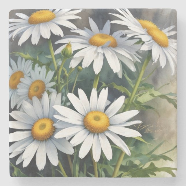 Daisies Bunch of Flowers Elegant Watercolor Stone Coaster (Front)