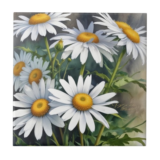 Daisies Bunch of Flowers Elegant Watercolor Tile (Front)