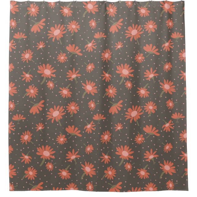 Daisies Coral Pink BrownFloral Pattern Shower Curtain (Front)