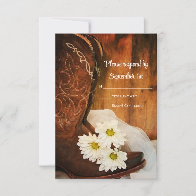 Daisies Cowboy Boots Country Western Wedding RSVP Card (Front)