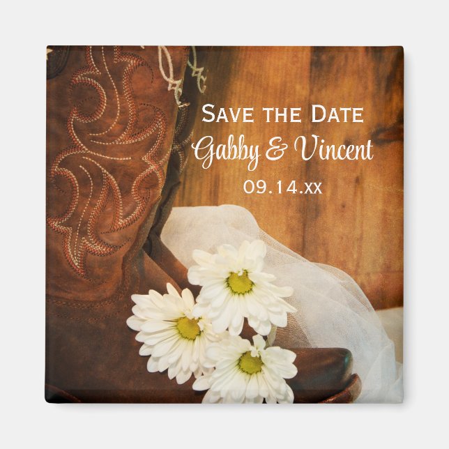 Daisies Cowboy Boots Western Wedding Save the Date Magnet (Front)