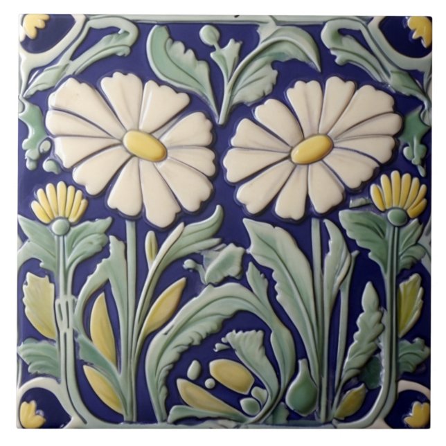 Daisies - Daisy Flower Art Deco Nouveau Green Blue Tile (Front)
