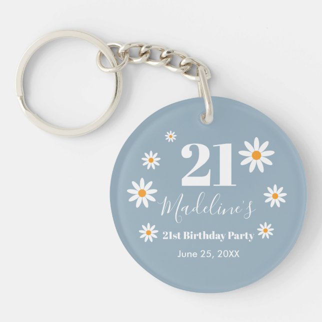 Daisies Dusty blue Birthday Party  Key Ring (Front)