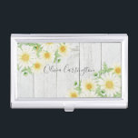 Daisies Faux Wood Personalised Name  Business Card Holder<br><div class="desc">Add your name to this business card case with watercolor daisies on a vintage white wash faux wood look.</div>