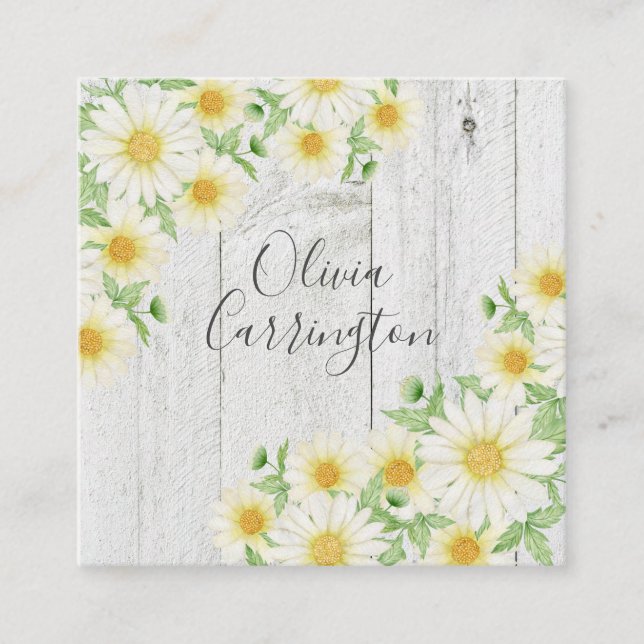 Daisies Faux Wood Personalised Name Square Business Card (Front)