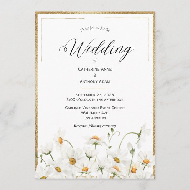 Daisies Floral Watercolor Gold Wedding Invitation (Front)