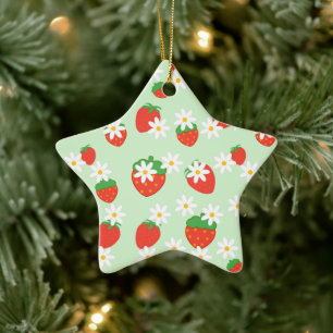 Daisies Flower Floral strawberry Merry Xmas  Ceramic Tree Decoration