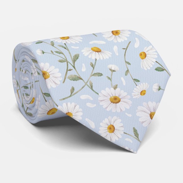 Daisies (Gainsboro) – Watercolor Floral Pattern Tie (Rolled)