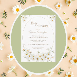 Daisies Gold Frame Floral Watercolor Baby Shower Invitation