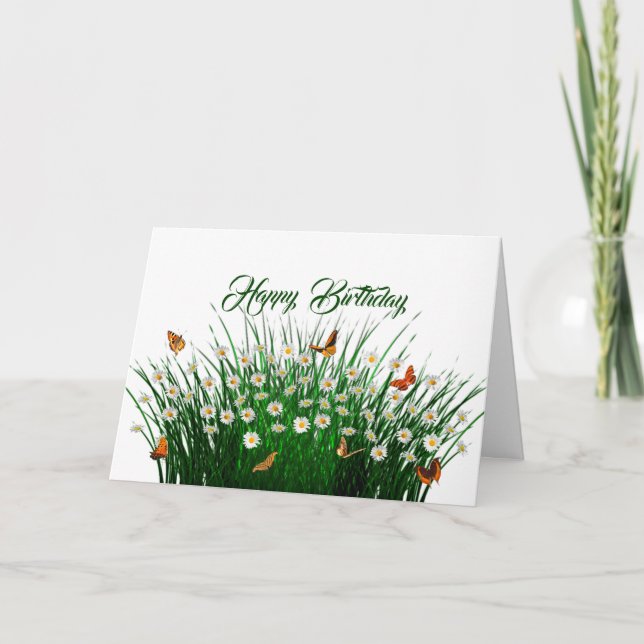 Daisies Green Grass Orange Butterflies Birthday Card (Front)