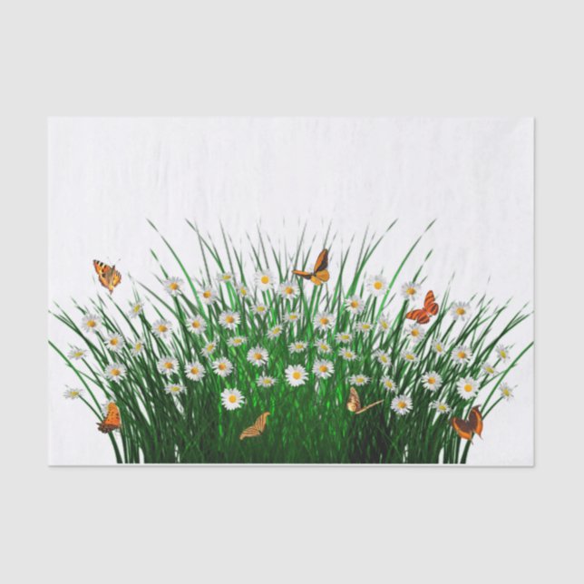 Daisies Green Grass Orange Butterflies Tissue Paper (Front)