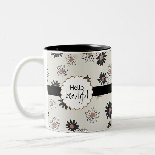 Daisies Hello Beautiful Black Pink Floral Pattern Two-Tone Coffee Mug (Left)