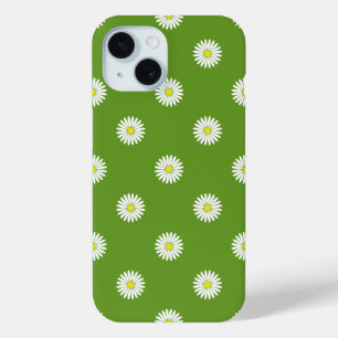 Daisies Illustrative Pattern on Green iPhone 15 Case