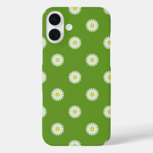 Daisies Illustrative Pattern on Green iPhone 16 Plus Case