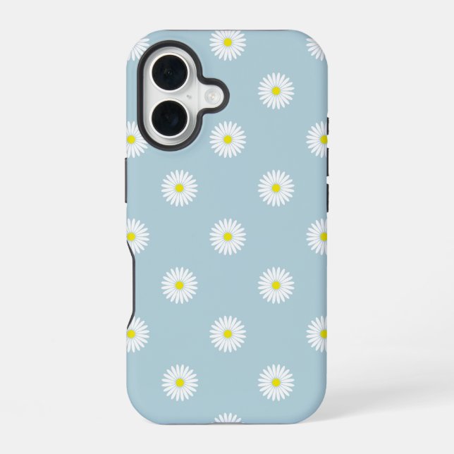 Daisies Illustrative Pattern on Pale Blue iPhone 16 Case (Back)