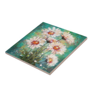 Daisies Impressionistic Floral Painting Teal Green Tile