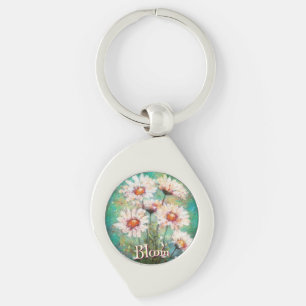 Daisies Impressionistic Floral Teal Personalised Key Ring