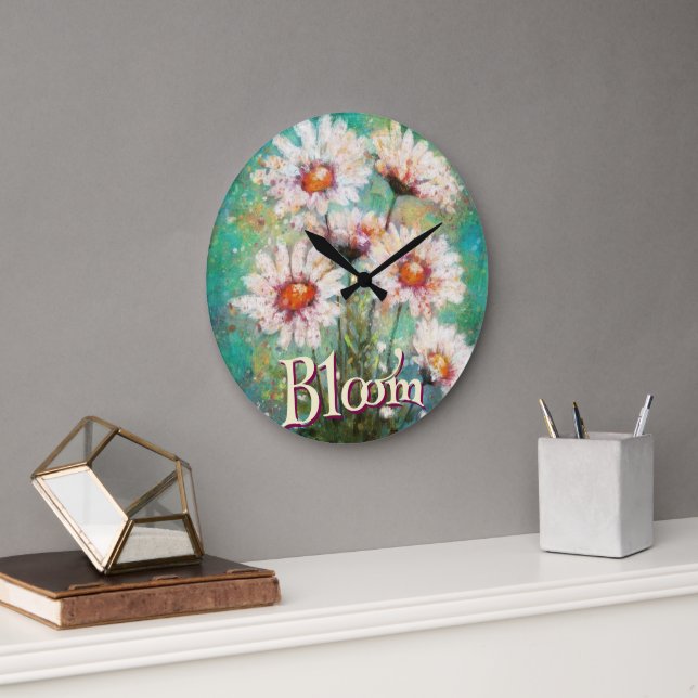 Daisies Impressionistic Floral Teal Personalised Large Clock (Office)
