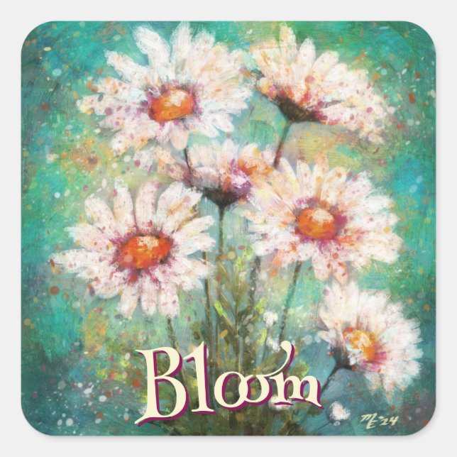 Daisies Impressionistic Floral Teal Personalised Square Sticker (Front)