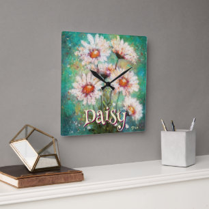 Daisies Impressionistic Floral Teal Personalised Square Wall Clock