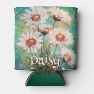 Daisies Impressionistic Floral Teal Personalized Can Cooler
