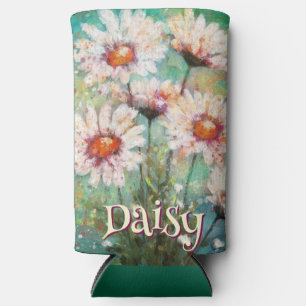 Daisies Impressionistic Floral Teal Personalized Seltzer Can Cooler