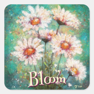 Daisies Impressionistic Floral Teal Personalized Square Sticker