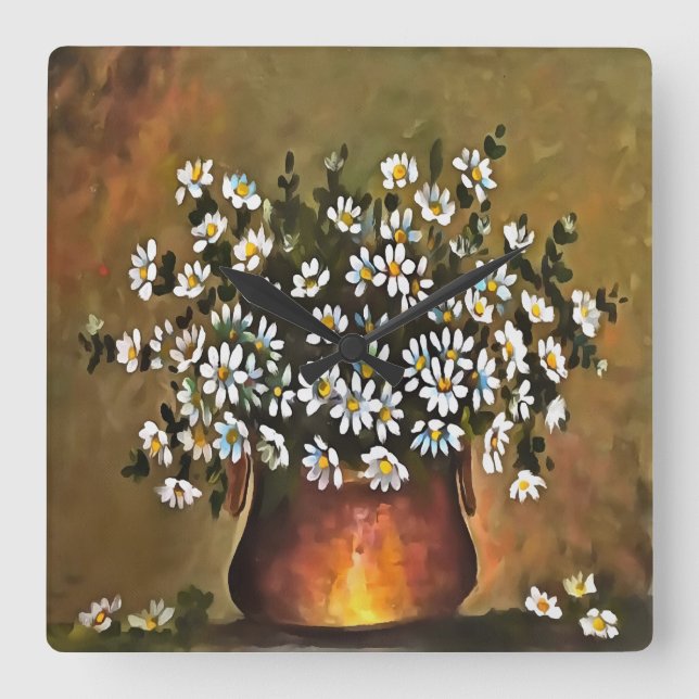 Daisies In A Copper Coloured Vase Square Wall Clock (Front)