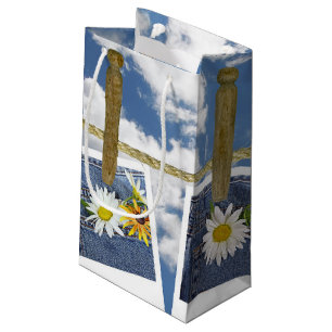 daisies in blue jean pocket on clothesline small gift bag
