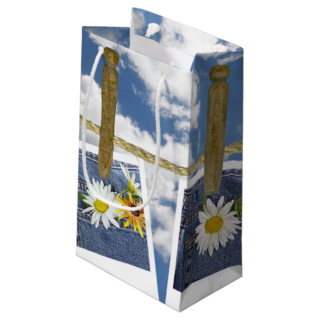 daisies in blue jean pocket on clothesline small gift bag (Back Angled)