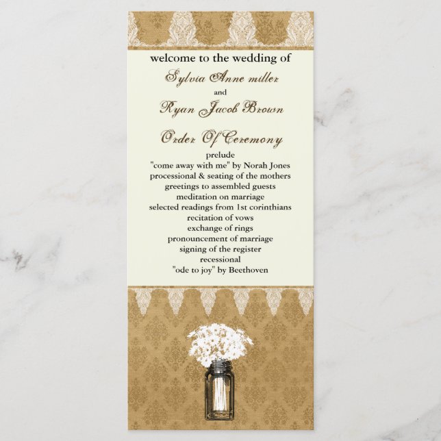 daisies in mason jar, burlap wedding program programme (Front)
