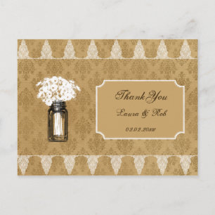 daisies in mason jar, burlap wedding thank you postcard