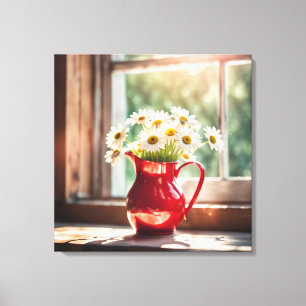 Daisies In Red Pitcher By Sunny Window Canvas Print