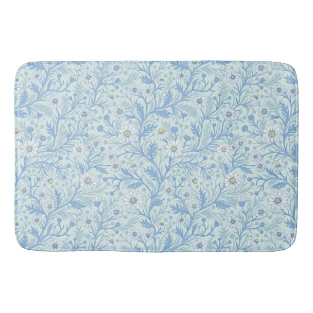 Daisies in white and blue on sea glass bath mat (Front)