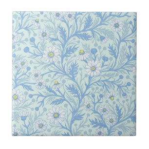 Daisies in white and blue on sea glass tile