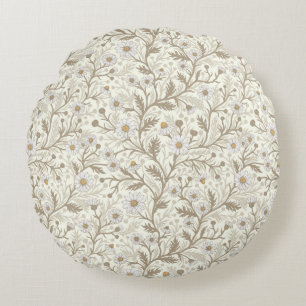 Daisies in white and brown on off white round cushion