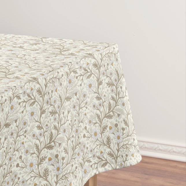 Daisies in white and brown on off white tablecloth (In Situ)