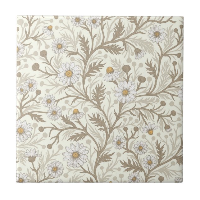 Daisies in white and brown on off white tile (Front)