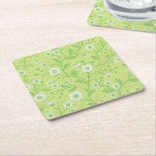 Daisies in white and green on honey dew green square paper coaster