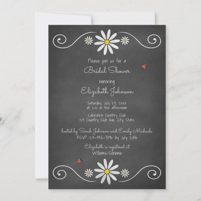 Daisies Ladybugs Rustic Chalkboard Bridal Shower Invitation (Front)