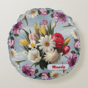 Daisies, Lilies and Tulips Round Cushion