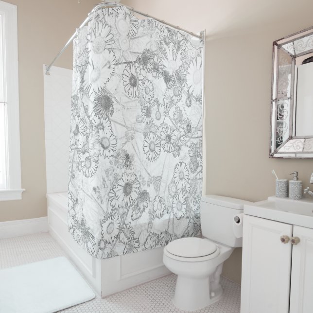 Daisies meadow light grey pattern shower curtain (In Situ)
