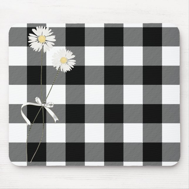 Daisies on Black and White Buffalo Plaid Mouse Mat (Front)