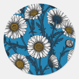 Daisies on blue classic round sticker