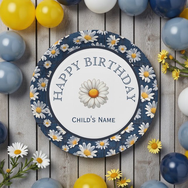 Daisies on Blue Denim Birthday  Paper Plate (Creator Uploaded)