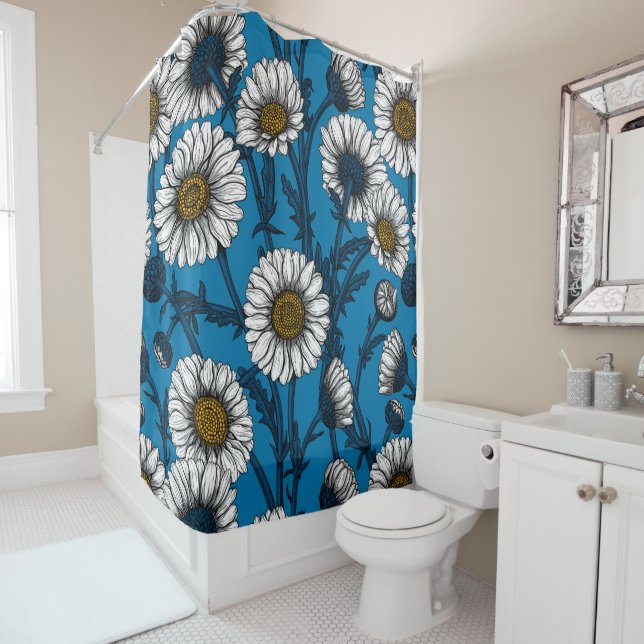 Daisies on blue shower curtain (In Situ)