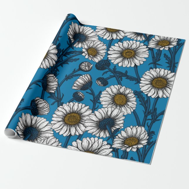 Daisies on blue wrapping paper (Unrolled)