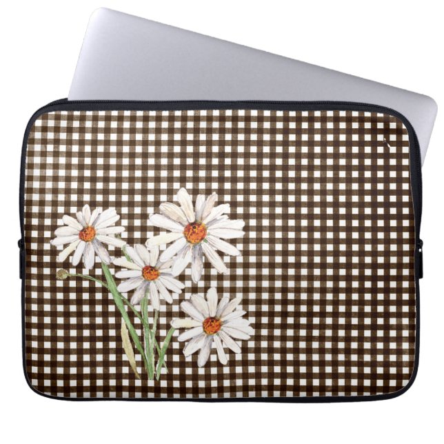Daisies On Brown Gingham Laptop Sleeve (Front)